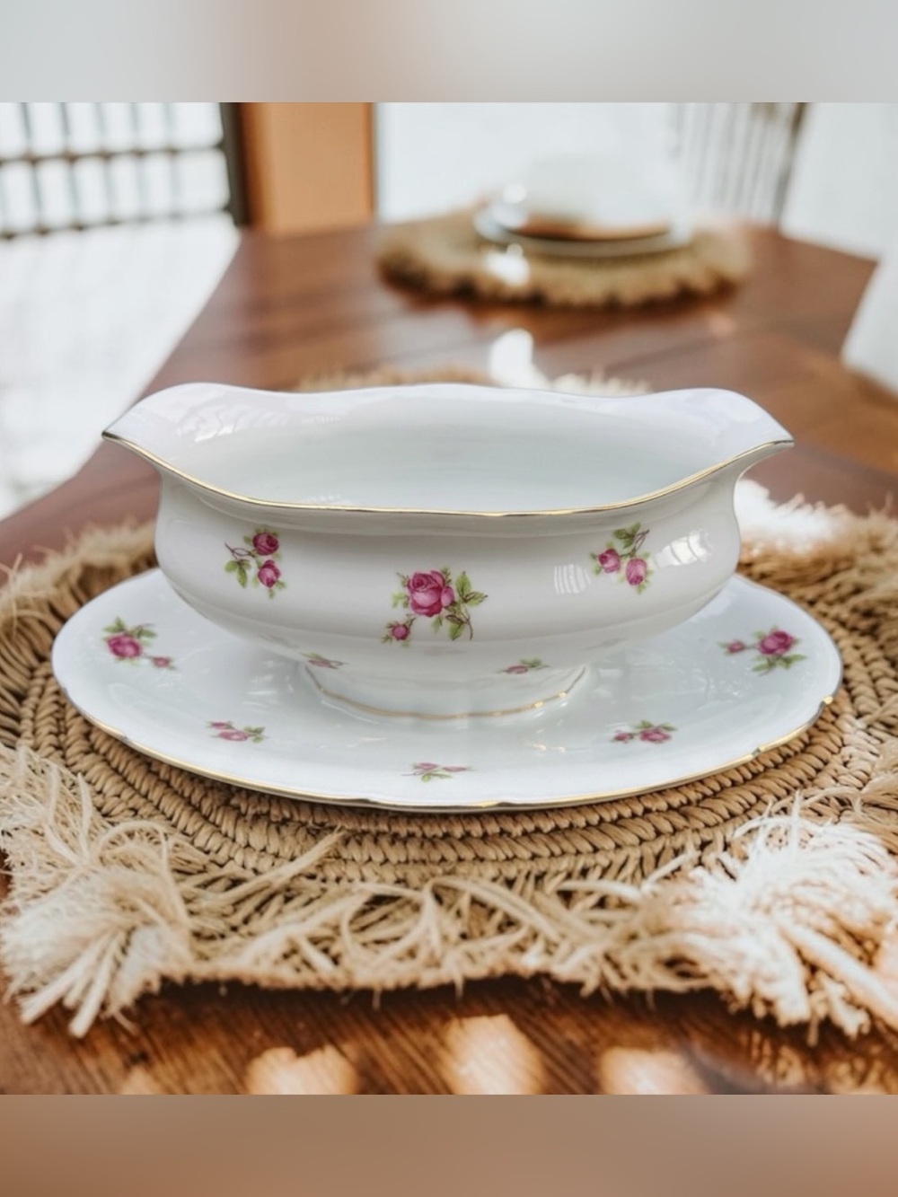 Victoria Czechoslovakia Gravy Boat with Underplate Pink Rose on White Porcelain